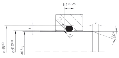 Technical drawing of a dynamic hydraulic inside sealing O-ring groove with radial compression, showing detailed dimensions and groove geometry for effective sealing in internal hydraulic applications under movement and pressure.