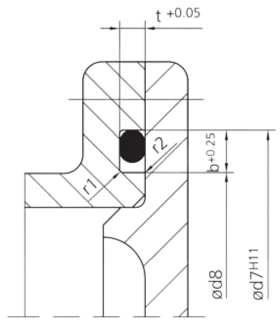 Technical drawing of a static outside sealing O-ring groove with axial pressure, displaying detailed dimensions and groove geometry for optimal sealing performance in external applications under axial load.