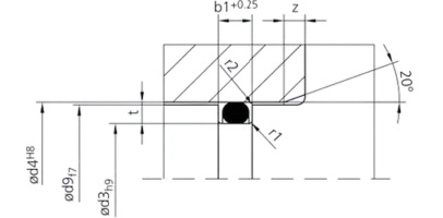 Technical drawing of a static outside sealing O-ring groove with radial compression, illustrating groove dimensions, angles, and geometry for effective sealing in external cylindrical applications.