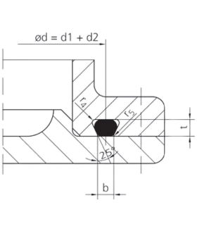 Technical drawing of a static sealing O-ring groove with a trapezoidal shape, showing detailed dimensions and design features for securing the O-ring in place and preventing it from falling out during installation or operation.