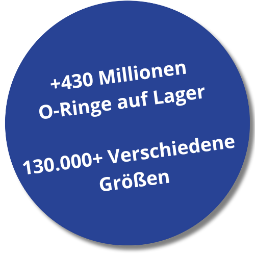 Blaues Etikett mit dem Text "+430 Millionen O-Ringe auf Lager, 130.000+ Verschiedene Größen.