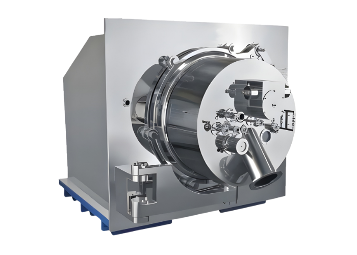 Industrial pharmaceutical centrifuge made of stainless steel with a closed drum and tri-clamp connections for hygienic processes.