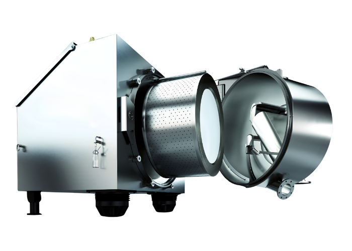 Open pharmaceutical centrifuge with visible drum and lid seal, designed for easy cleaning and safe O-ring sealing.